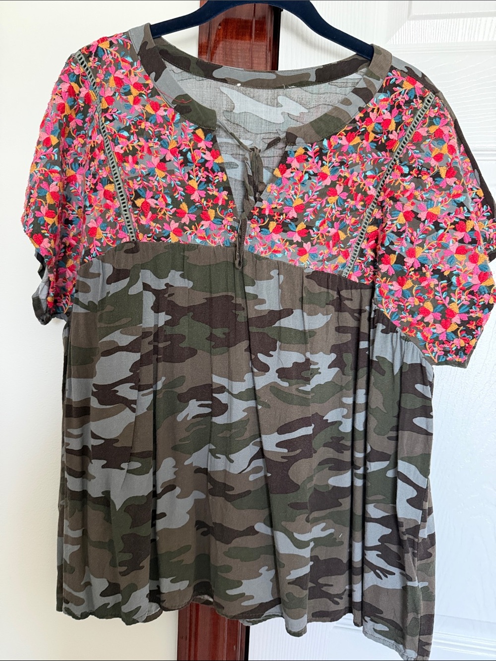 Umgee Camouflage Tunic with Pink Floral Yoke